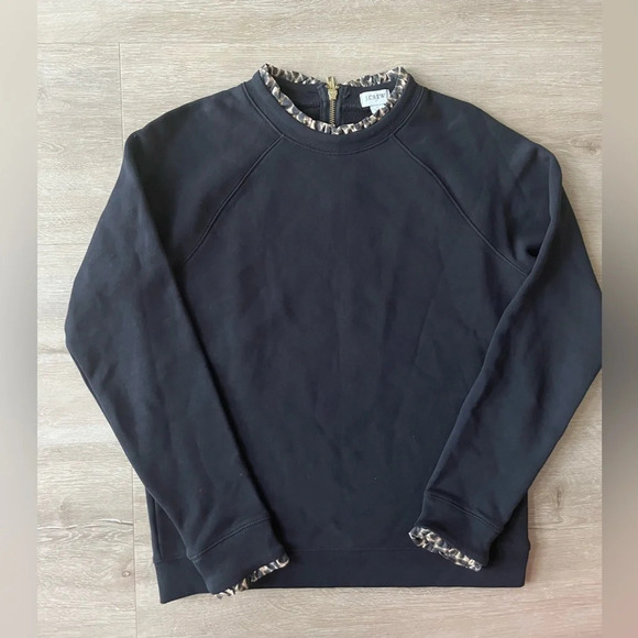 J. Crew Cheetah Print Woven Ruffle neck Pullover Black Sweatshirt Size Small - Picture 2 of 8